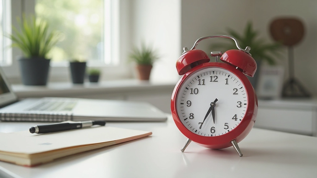 Klassische Küchenuhr zeigt Pomodoro-Timer für 25 Minuten Fokusphase, minimalistisches Arbeitsumfeld mit Notebook im Hintergrund