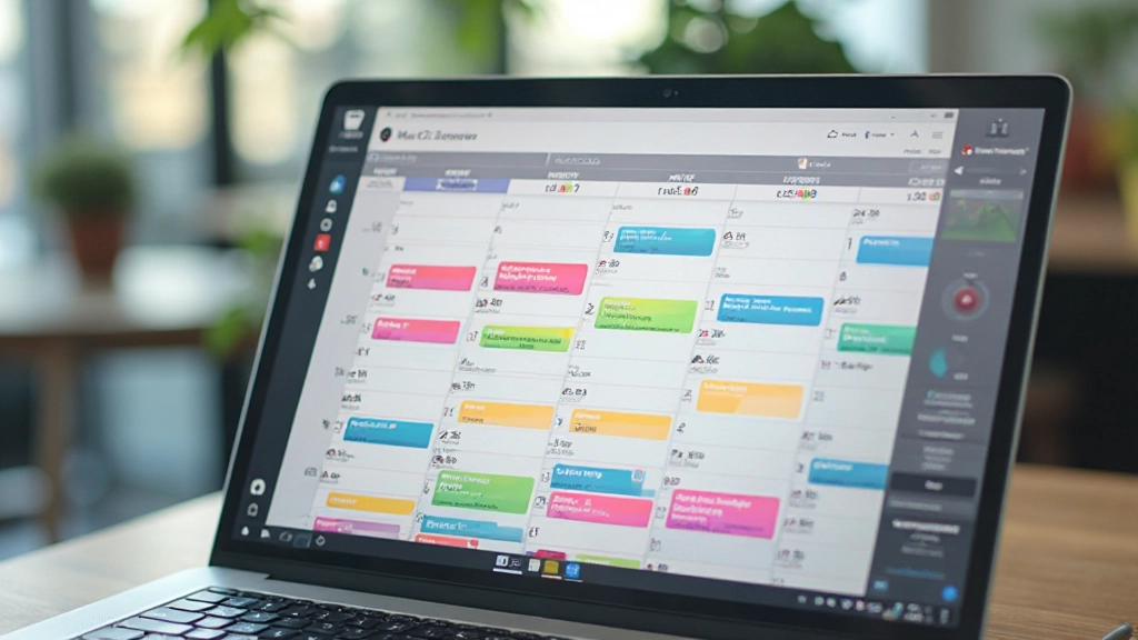 Digitaler Kalender auf Laptop-Bildschirm zeigt farbcodierte Time Blocks mit Fokuszeiten, Meeting-Blöcken und Pausen in übersichtlicher Wochenansicht