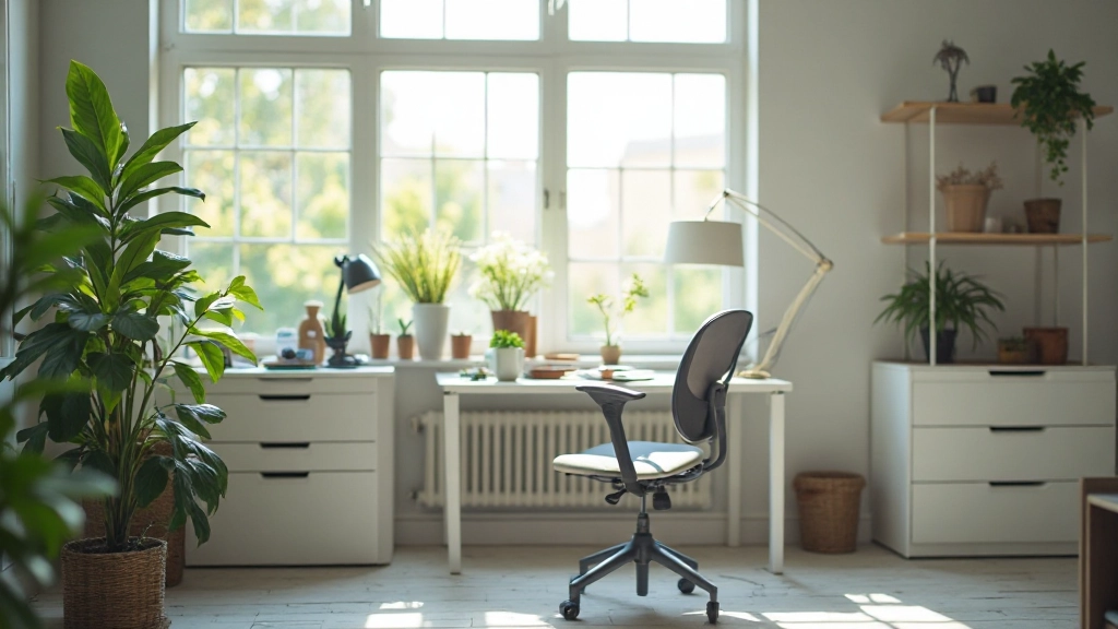 Optimal eingerichteter Arbeitsplatz mit großem Fenster für natürliches Licht, minimalistisch mit grüner Pflanze, ergonomischem Stuhl, ordentlichem Schreibtisch ohne Unordnung