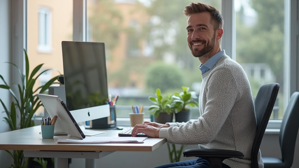 Ruhiges, aufgeräumtes Büro mit einzelnem Monitor, Fenster mit Außenblick, Person sitzt konzentriert am Schreibtisch ohne Handy sichtbar