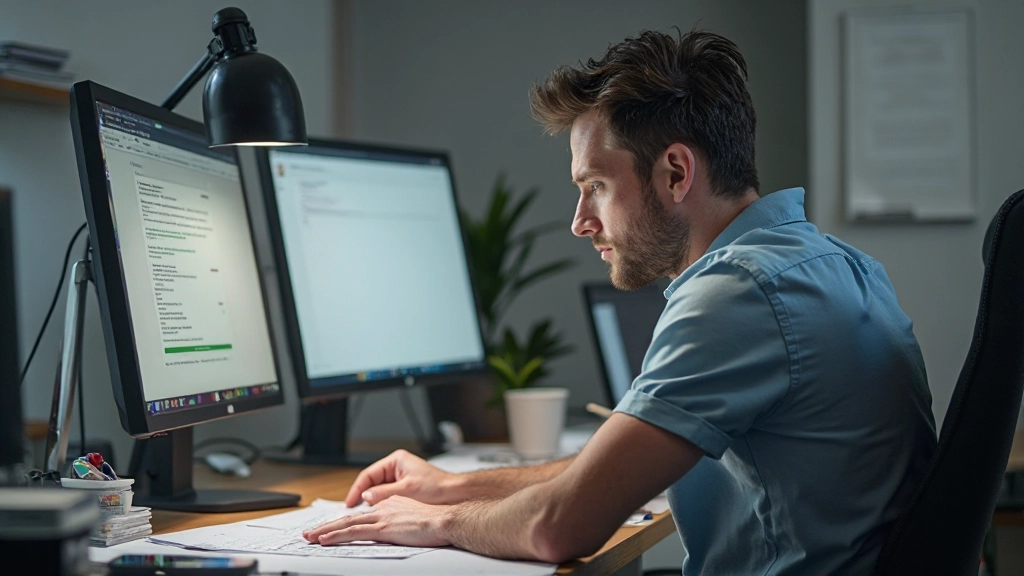 Frustrierter Mensch am Schreibtisch mit vielen offenen Tabs auf Laptop, überquellender Papieren, mehreren Geräten — Bild von Überbelastung und Ablenkung