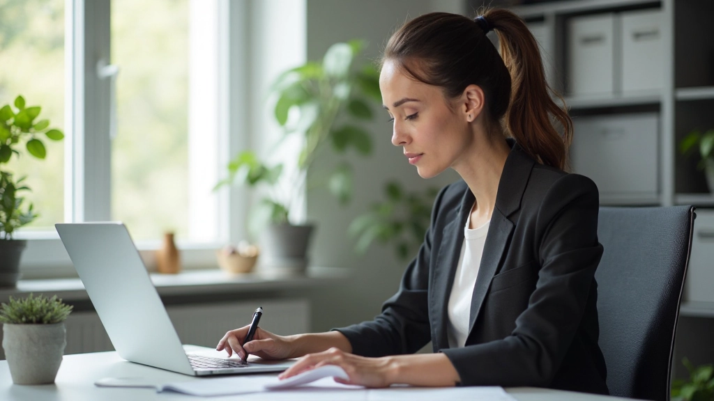 Frau arbeitet mit Fokus am Laptop, hat Notizen und Planer auf dem Schreibtisch