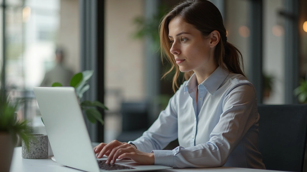 Frau schaut auf Laptop mit fokussiertem Ausdruck, arbeitet an wichtiger Aufgabe