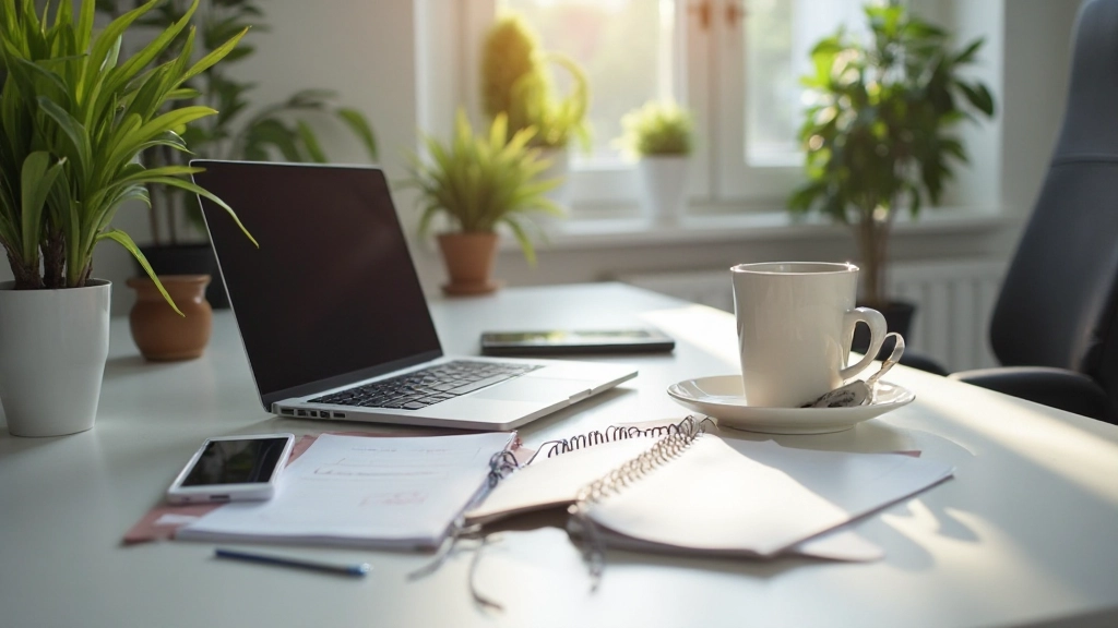 Professioneller Arbeitsplatz mit Planungsunterlagen und Laptop auf modernem Schreibtisch