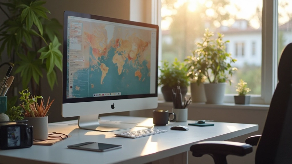 Moderner Workspace mit großem Monitor, Notizen und Planungsunterlagen auf hellem Schreibtisch