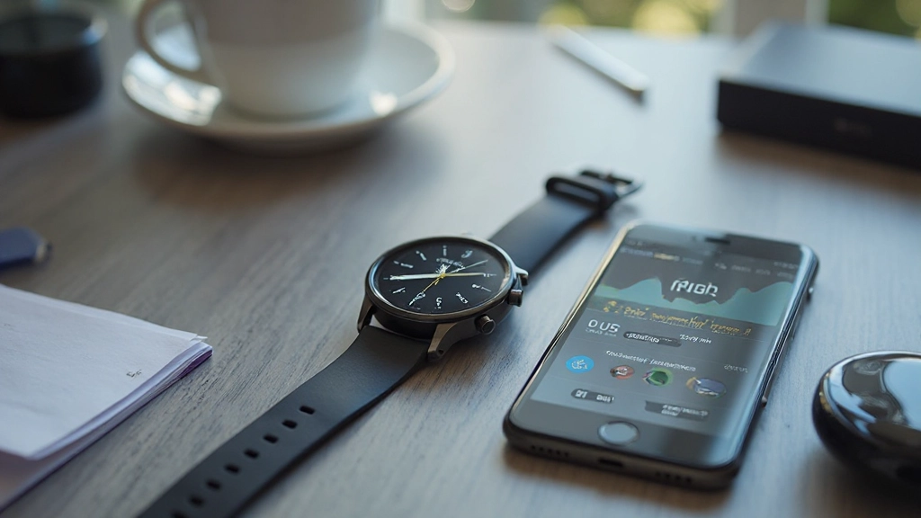 Moderne Smartwatch und Smartphone auf Holztisch zeigen Zeitmanagement-Apps und Benachrichtigungen