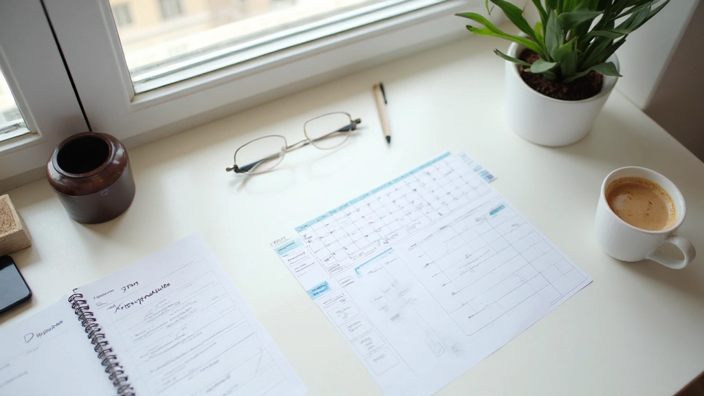 Schreibtisch mit strukturiertem Kalender, Prioritäts-Matrix und Planungsunterlagen für effektives Zeitmanagement