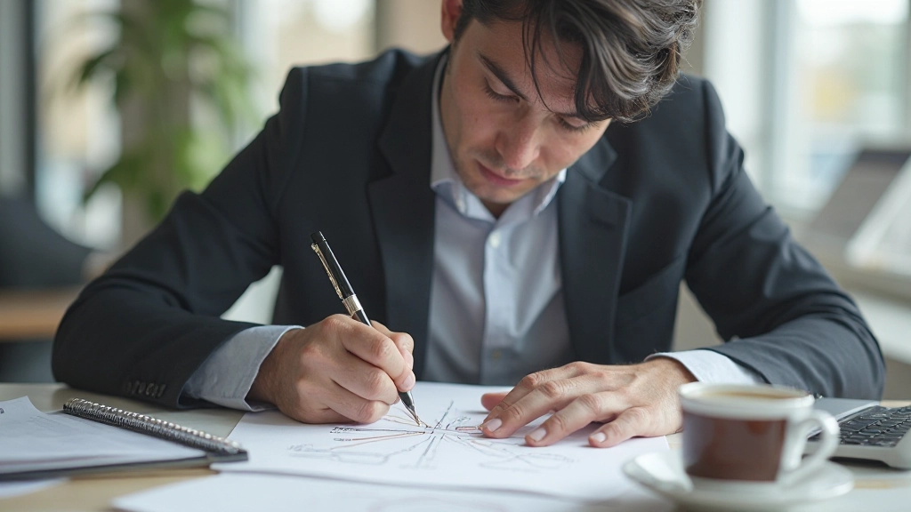 Person schreibt Aufgaben auf Papier und sortiert sie in eine handgezeichnete Matrix mit Stift und Kaffeetasse daneben