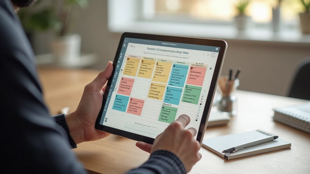 Digitales Gerät zeigt eine ausgefüllte Eisenhower-Matrix mit farblich gekennzeichneten Aufgaben und Symbolen für Prioritäten