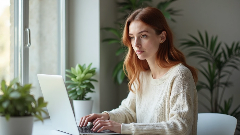 Frau arbeitet konzentriert am modernen Laptop-Arbeitsplatz mit Notizen neben sich